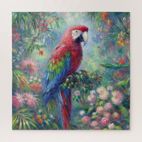 Parrot Bird Jungle Floral Impressionism Painting Jigsaw Puzzle