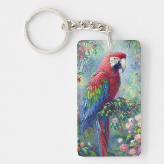 Parrot Bird Jungle Floral Impressionism Painting Keychain (Front)
