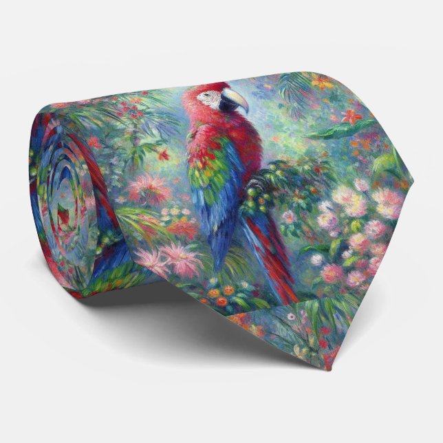 Parrot Bird Jungle Floral Impressionism Painting Neck Tie (Rolled)