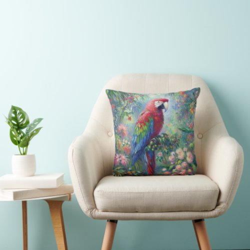 Parrot Bird Jungle Floral Impressionism Painting Throw Pillow