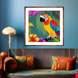 Parrot Bird Tropical Floral palms blue purple red Poster