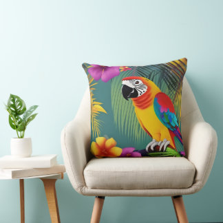 Parrot Bird Tropical Floral palms blue purple red Throw Pillow
