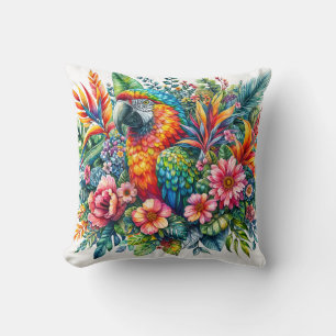 Parrot Botanical Watercolor Art Throw Pillow