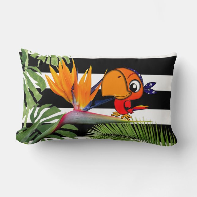 Parrot, Caudata, Palm Leaf, Black White Stripes Lumbar Pillow (Front)