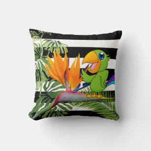 Parrot, Caudata, Palm Leaf, Stripes Throw Pillow