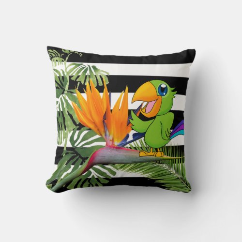 Parrot Caudata Palm Leaf Stripes Throw Pillow