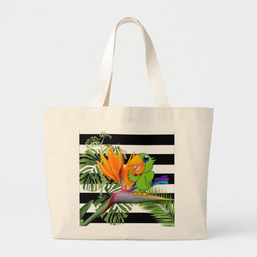 Parrot Caudata Palm Leaves Stripes Large Tote Bag