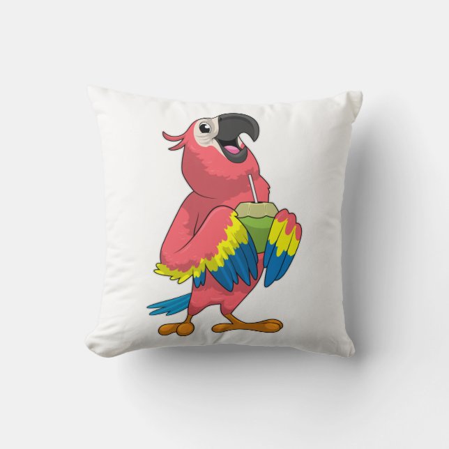 Parrot & Coconut with Drinking straw Throw Pillow (Front)