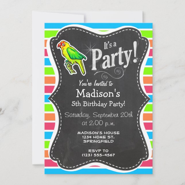 Parrot; Colorful Retro Neon Rainbow Invitation (Front)