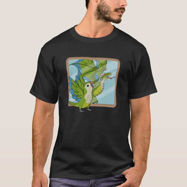 Parrot & Dragon Reflection I Green Monk Parakeet Q T-Shirt (Front)
