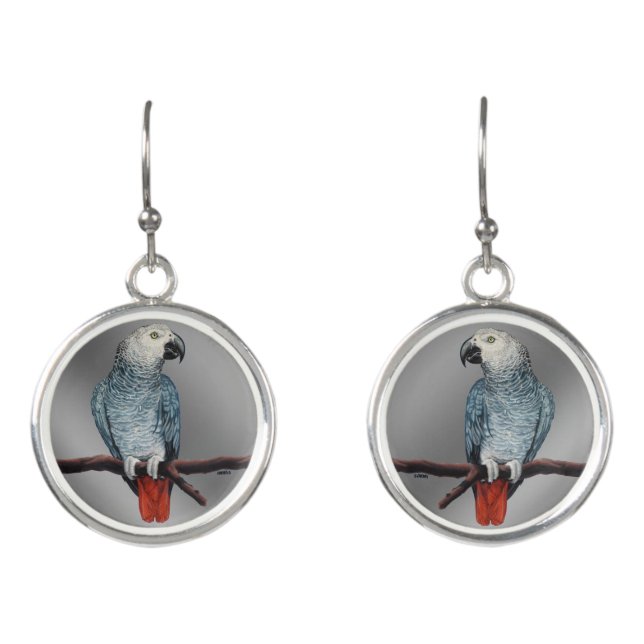 Parrot Earrings African Grey Parrot Art Jewelry (Front)