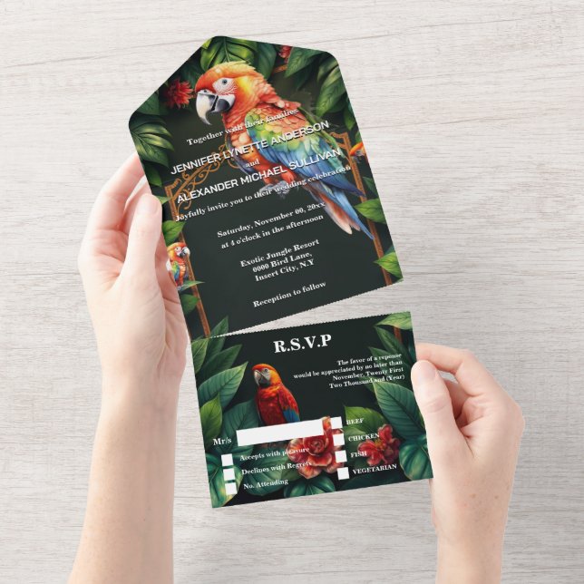 Parrot exotic jungle bird of paradise wedding rsvp all in one invitation (Tearaway)