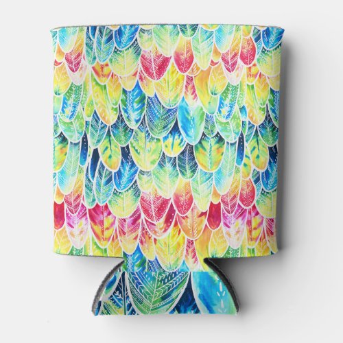 Parrot Feathers Colorful Watercolor Pattern Can Cooler