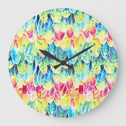 Parrot Feathers Colorful Watercolor Pattern Large Clock