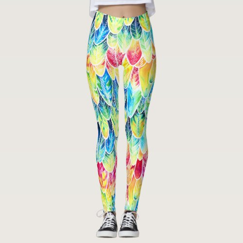 Parrot Feathers Colorful Watercolor Pattern Leggings