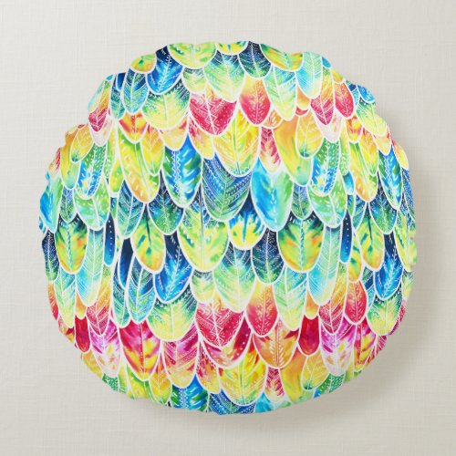 Parrot Feathers Colorful Watercolor Pattern Round Pillow