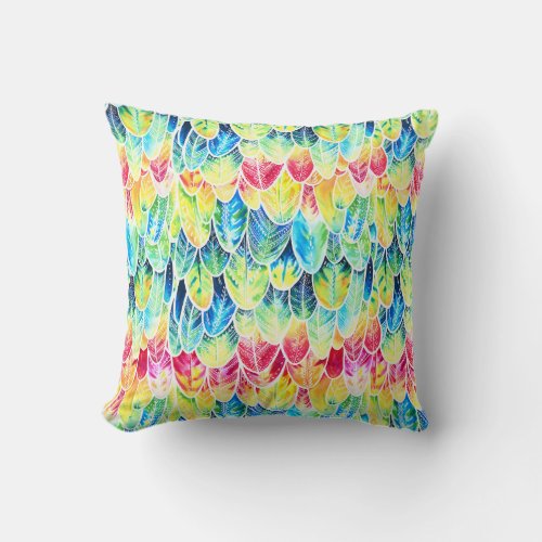 Parrot Feathers Colorful Watercolor Pattern Throw Pillow