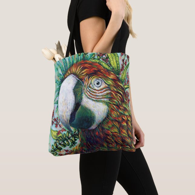Parrot Floral Tropical Green Funny Tote Bag (Close Up)