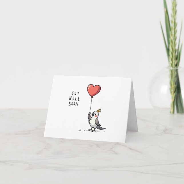 Parrot Holding Heart Balloon Get Well Card (Front)