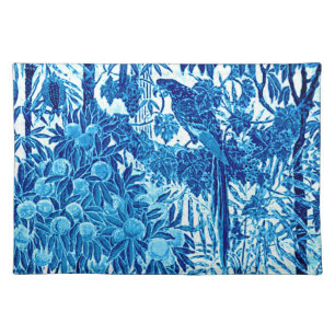 Parrot in a Jungle Setting, Indigo Blue and White  Cloth Placemat