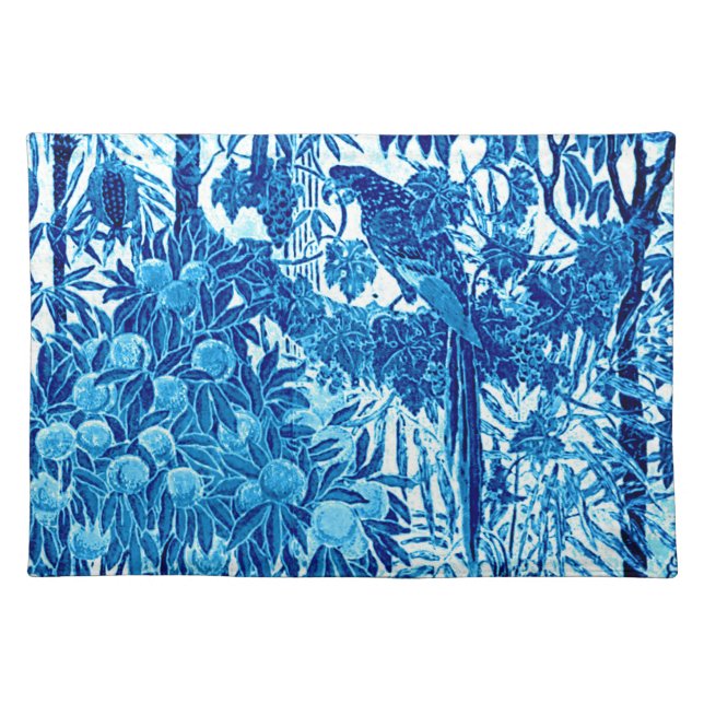 Parrot in a Jungle Setting, Indigo Blue and White  Cloth Placemat (Front)
