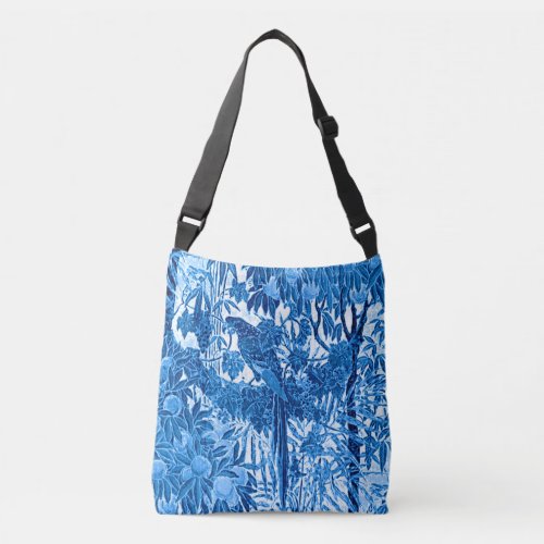 Parrot in a Jungle Setting Indigo Blue and White Crossbody Bag