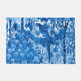 Parrot in a Jungle Setting, Indigo Blue and White Doormat