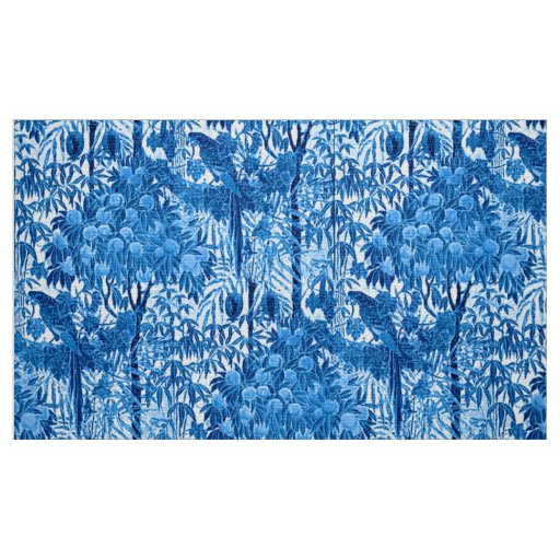 Parrot in a Jungle Setting, Indigo Blue and White Fabric