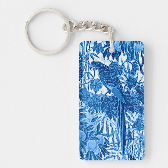 Parrot in a Jungle Setting, Indigo Blue and White  Keychain (Front)