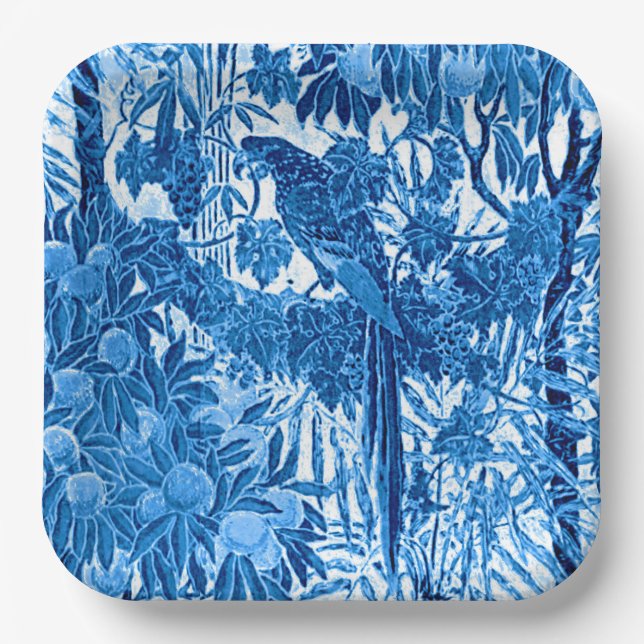 Parrot in a Jungle Setting, Indigo Blue and White Paper Plates (Front)