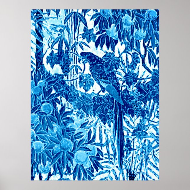 Parrot in a Jungle Setting, Indigo Blue and White Poster (Front)