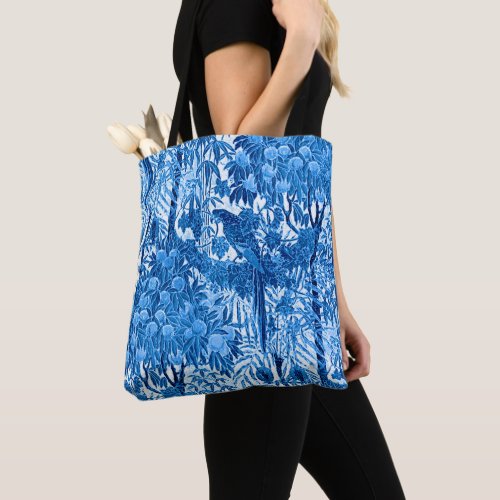 Parrot in a Jungle Setting Indigo Blue and White Tote Bag