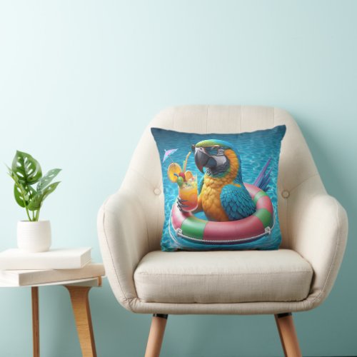 Parrot In a Swimming Pool Throw Pillow