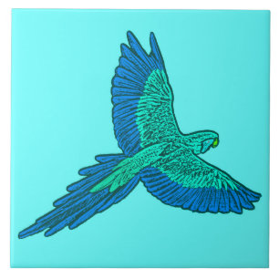 Parrot in Flight, Aqua and Cobalt Blue Ceramic Tile