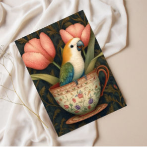 Parrot in Teacup with Tulips Holiday Postcard