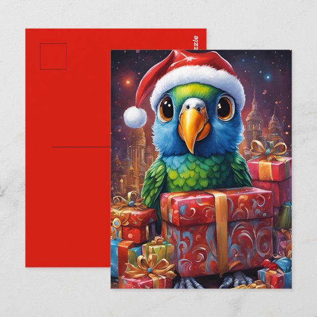 Parrot in the midst of Christmas gifts Postcard (Front/Back)