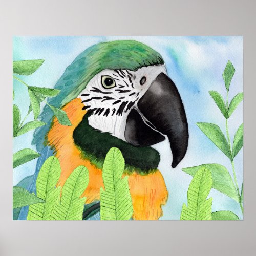 Parrot in Watercolor with green tropical leaves Poster