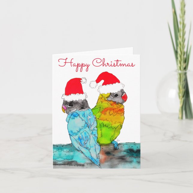 Parrot Love Birds Happy Christmas Holiday Card (Front)