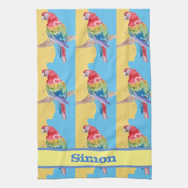 Parrot Macaw Blue Bird Birthday Boys Mens Name Kitchen Towel (Vertical)