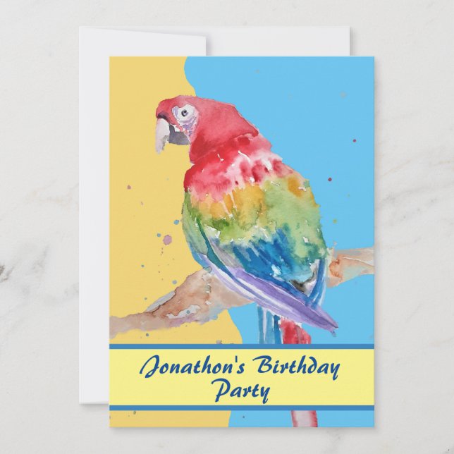 Parrot Macaw Blue Bird Birthday Childs Boys yellow Invitation (Front)