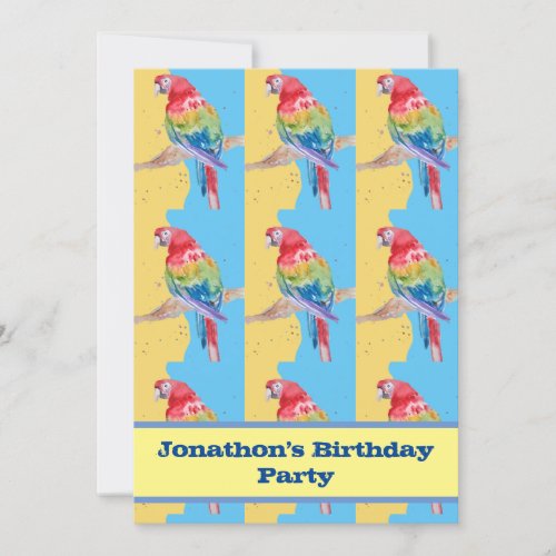 Parrot Macaw Blue Bird Birthday Childs Boys yellow Invitation