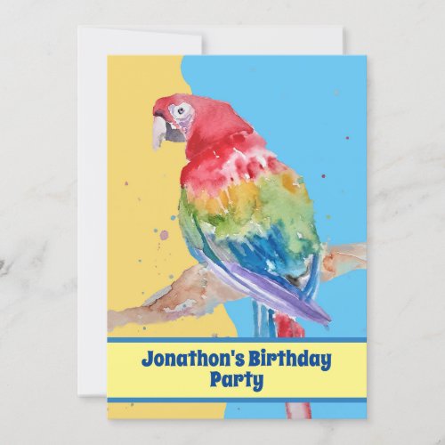 Parrot Macaw Blue Bird Birthday Childs Boys yellow Invitation