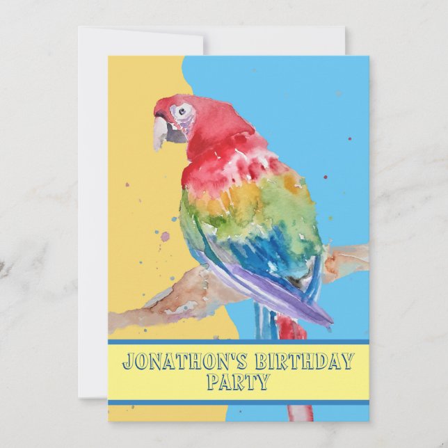 Parrot Macaw Blue Bird Birthday Childs Boys yellow Invitation (Front)