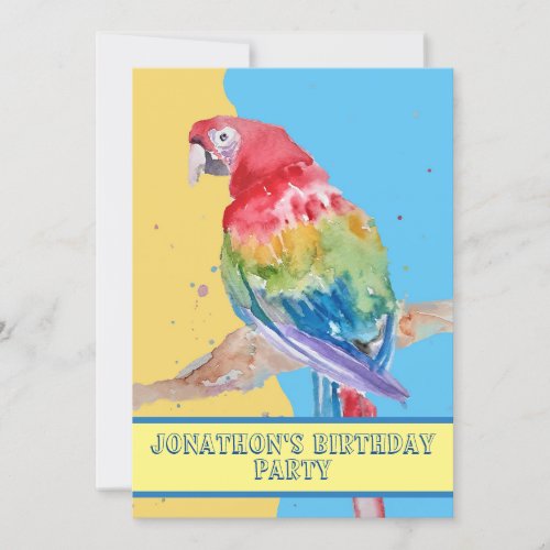 Parrot Macaw Blue Bird Birthday Childs Boys yellow Invitation