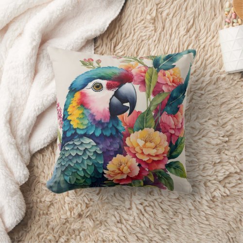 Parrot Multicolor Floral Watercolor Art Throw Pillow