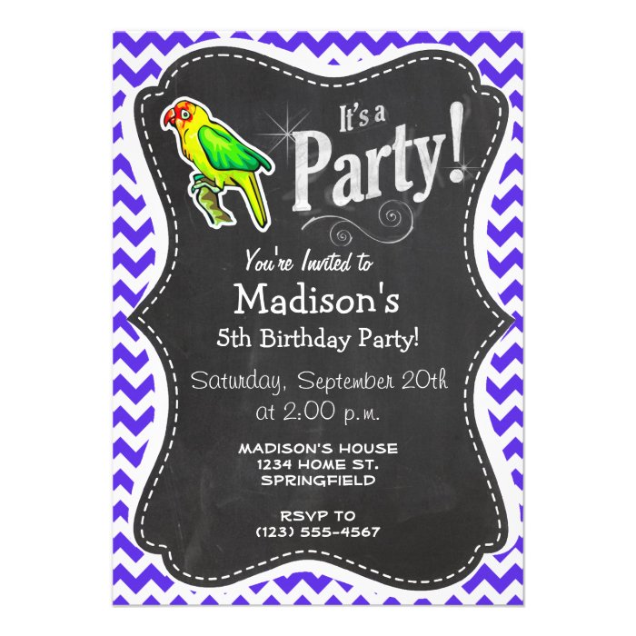 Parrot on Blue Violet Chevron Custom Invite