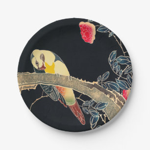Parrot on Rose Bush Vintage Bird Japanese Woodbloc Paper Plates