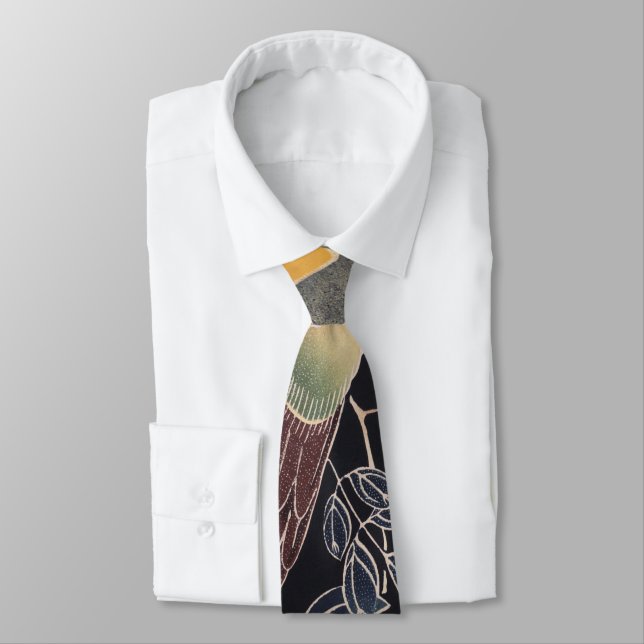 Parrot on the Branch, Flowering Rose Bush, Jakuchū Neck Tie (Tied)