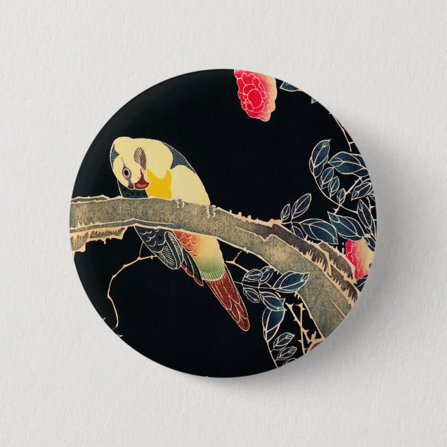 Parrot on the Branch of a Flowering Rose Bush Button (Front)