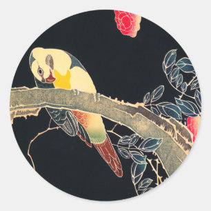 Parrot on the Branch of a Flowering Rose Bush Classic Round Sticker